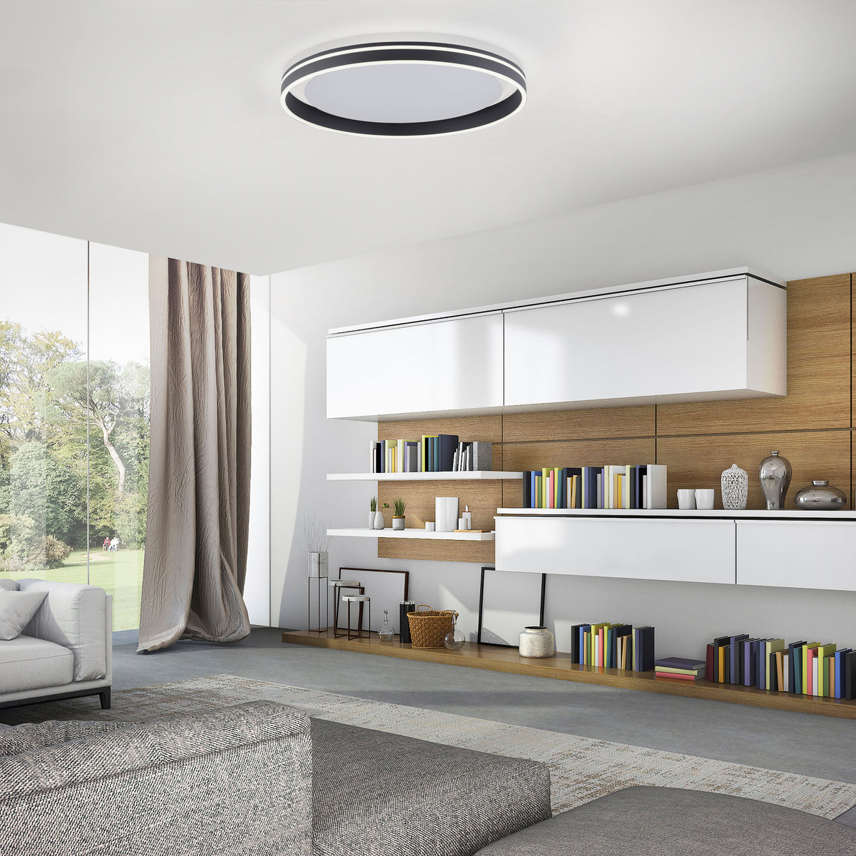 Mise en ambiance du plafonnier fixé au plafond dans un salon au décor moderne.