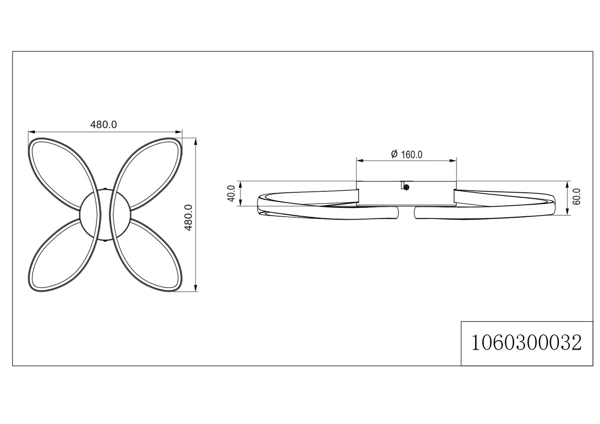 Schéma technique coté du plafonnier, largeur 480 mm et base de fixation centrale