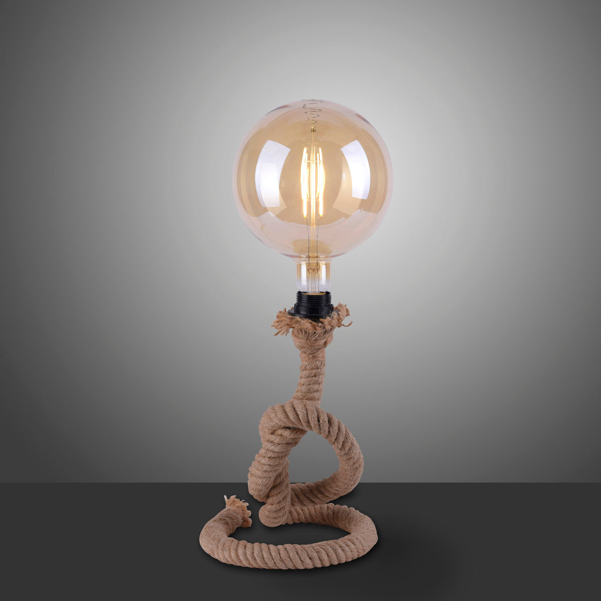 Photo détourée du luminaire allumé, fond gris dégradé, corde nouée en spirale
