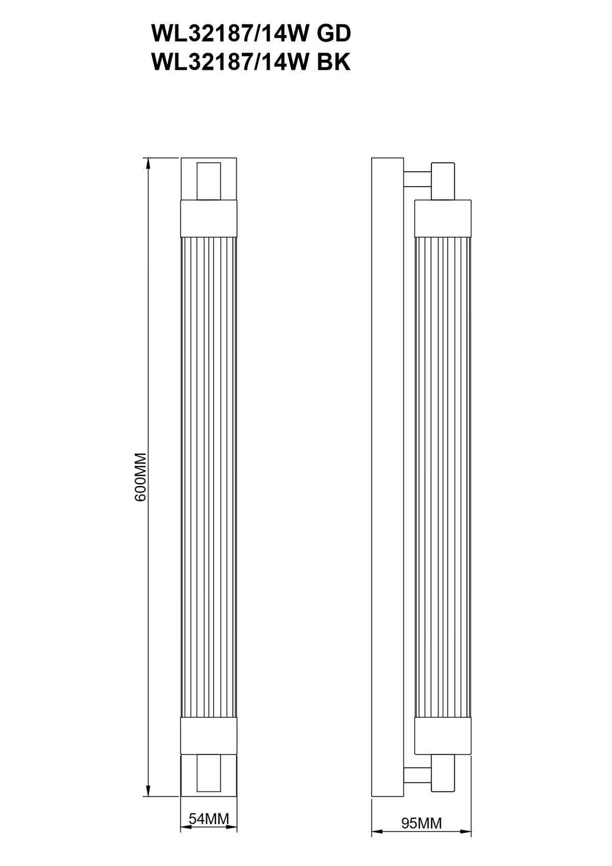 Schéma coté de l'applique : 600 mm de longueur, 54 mm et 95 mm de profondeur