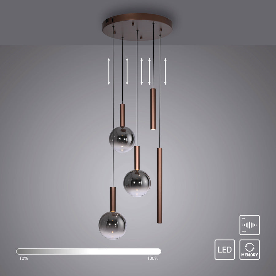 Schéma produit avec flèches de réglage en hauteur et icônes variateur LED et mémoire