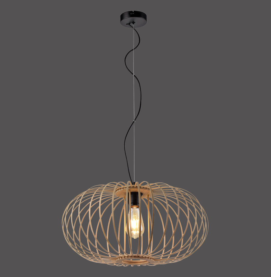 Suspension en bois naturel, vue de face sur fond gris anthracite.