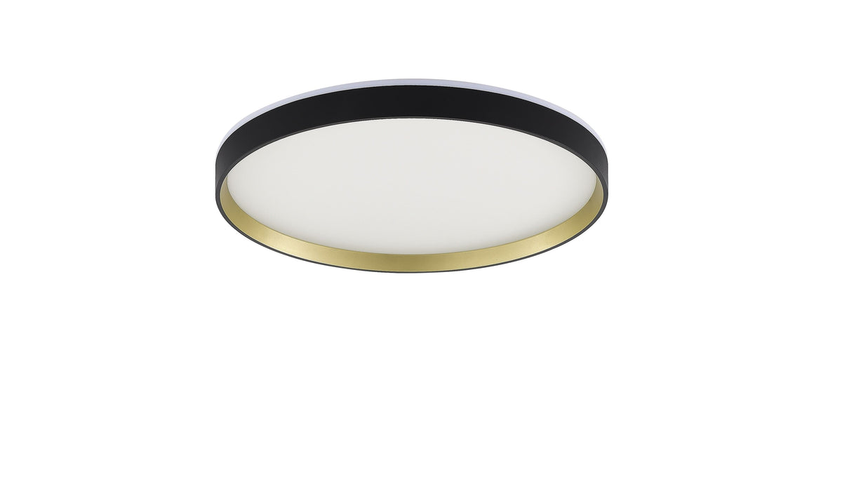 Vue de face d'un plafonnier rond noir et doré avec diffuseur blanc.