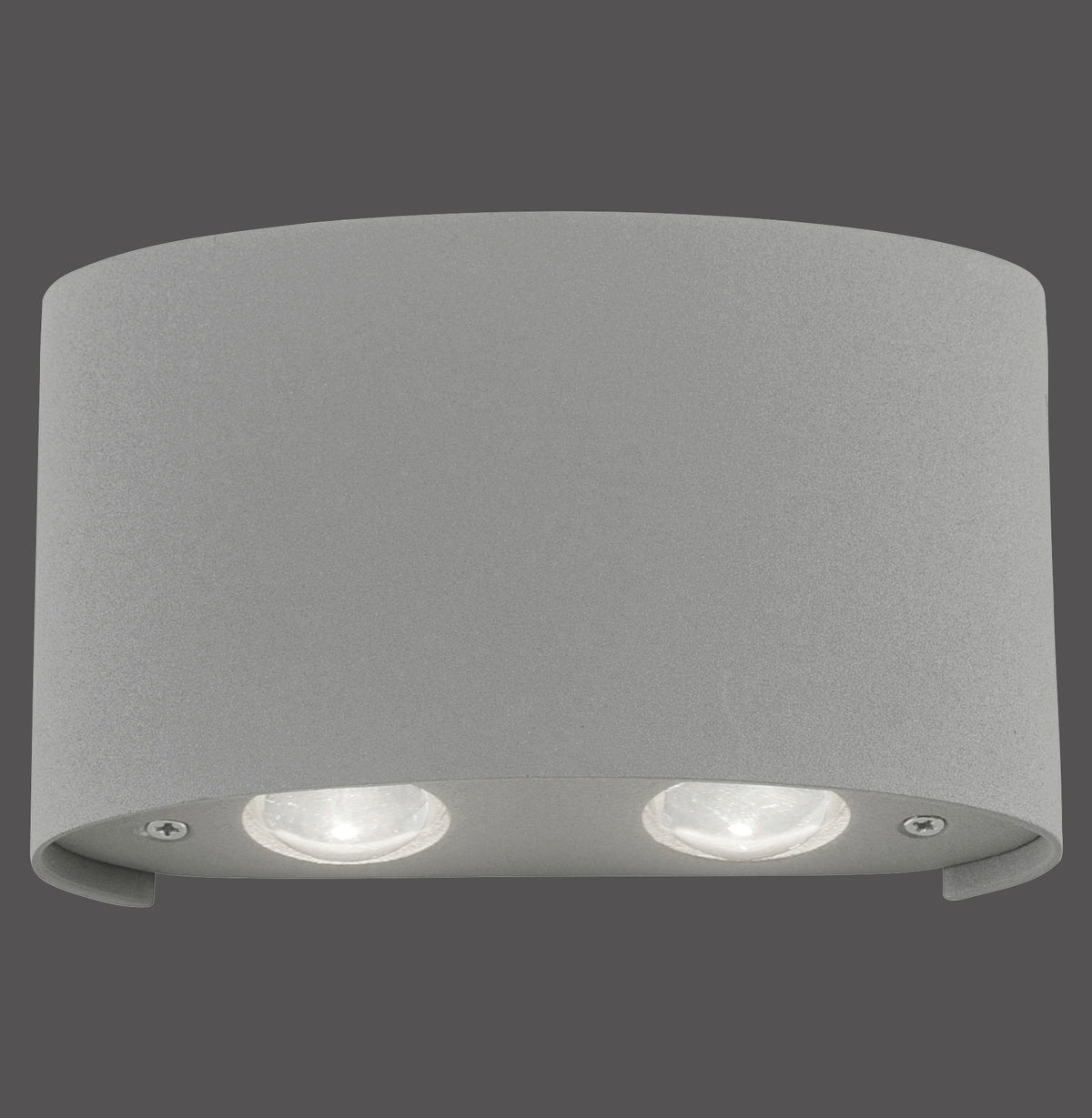 Photo produit sur fond gris, applique murale argentée rectangulaire, deux lentilles LED.
