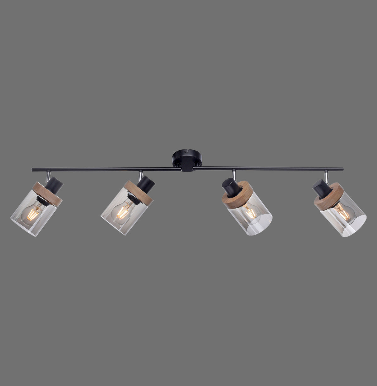 Vue de face sur fond gris du plafonnier quatre spots orientables en verre fumé et bois