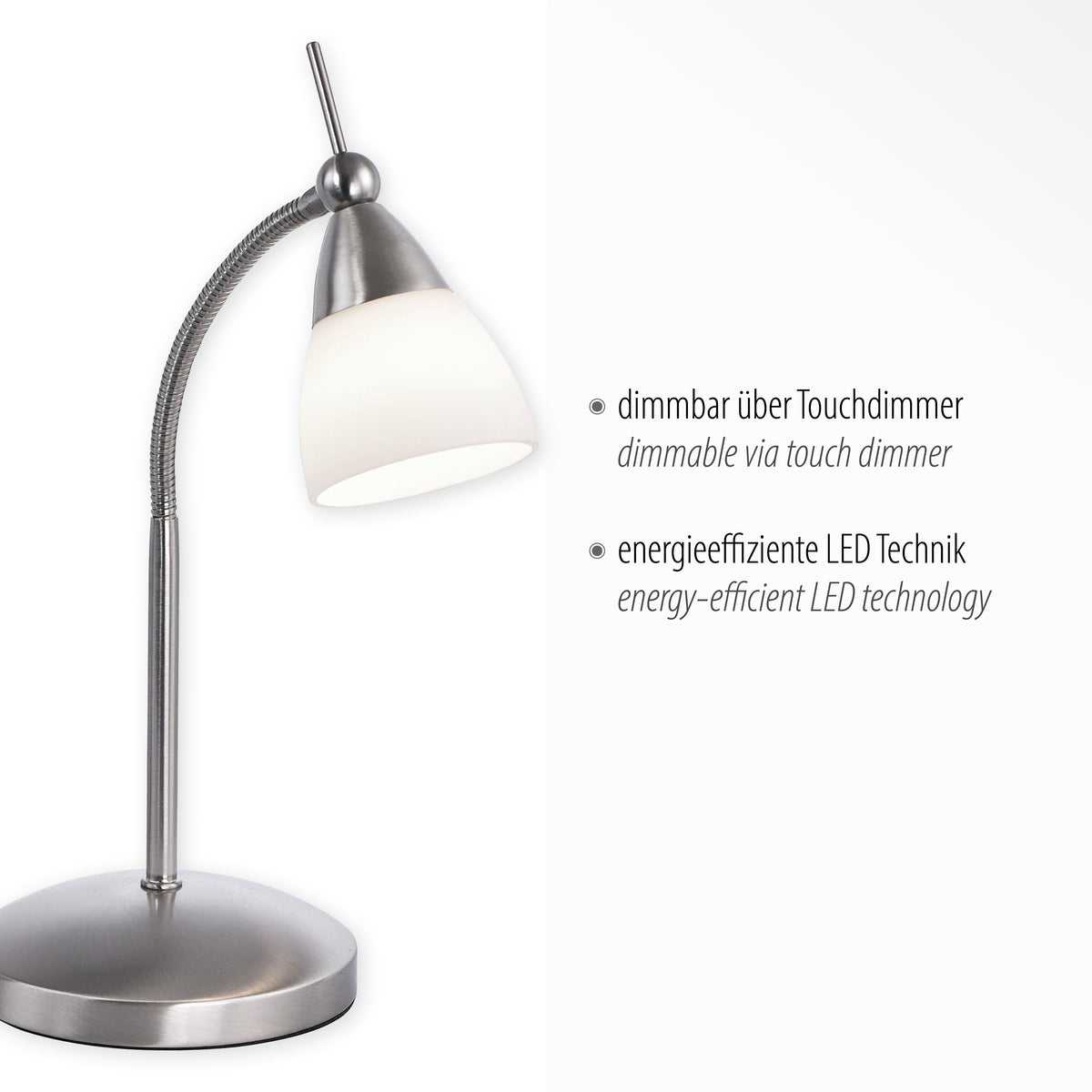 Vue du produit avec textes techniques : variateur tactile et technologie LED économe.