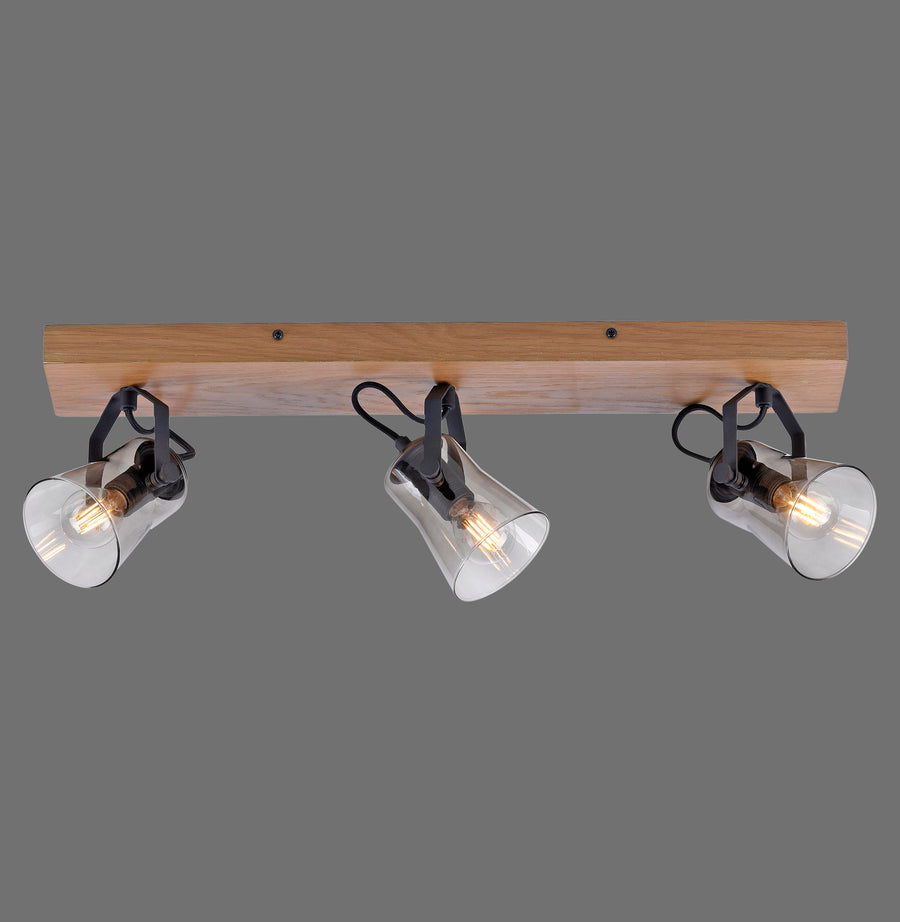Plafonnier trois spots noirs et bois vu de face sur fond gris