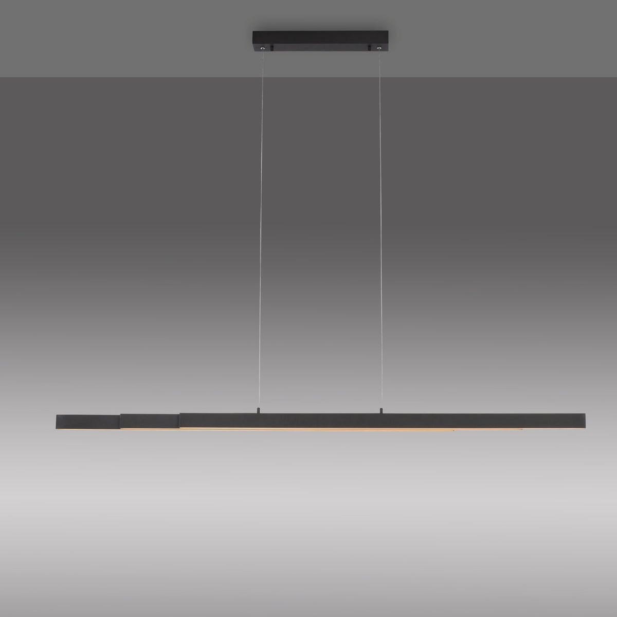 Suspension linéaire anthracite présentée de face, câbles fins et diffuseur LED visible.