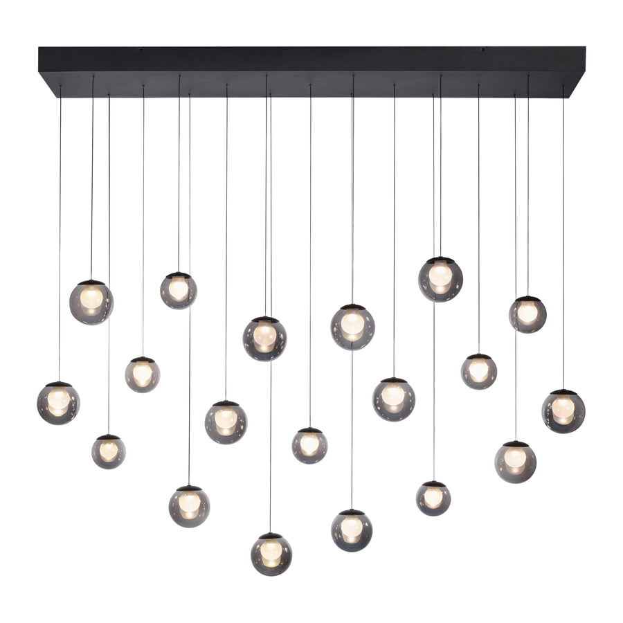 Vue de face du luminaire suspendu, globes en verre éteints sur fond blanc.