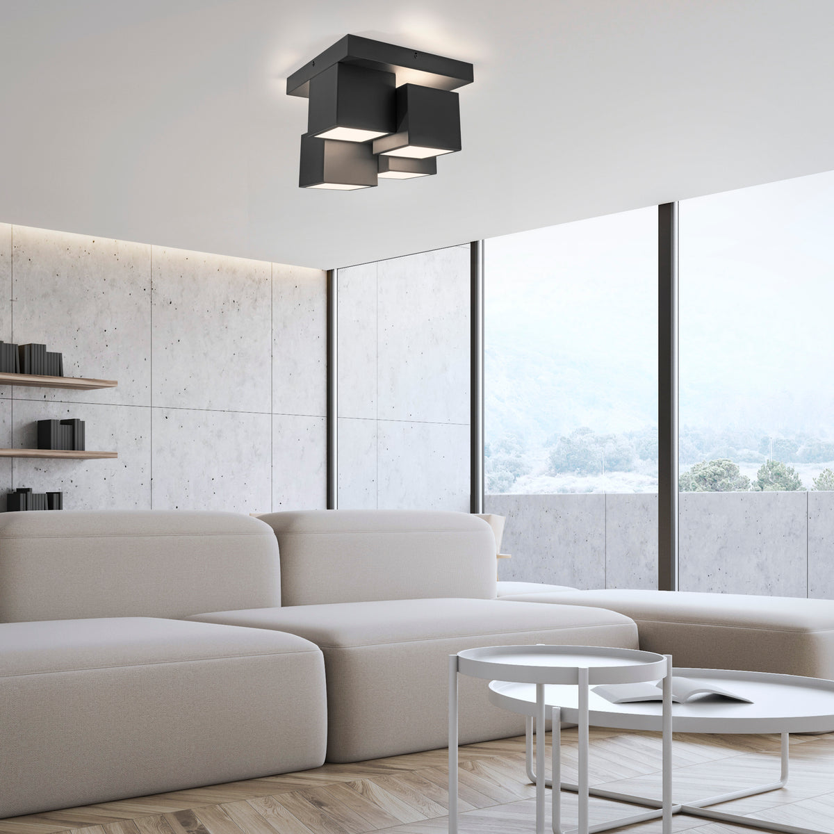 Mise en ambiance du plafonnier noir au plafond d'un séjour contemporain clair