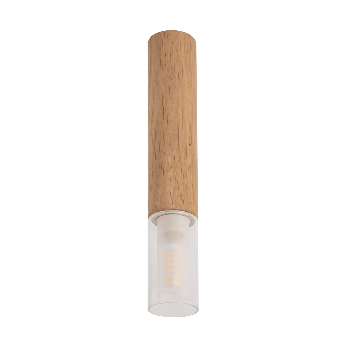Vue de face du spot cylindrique en bois clair et verre transparent
