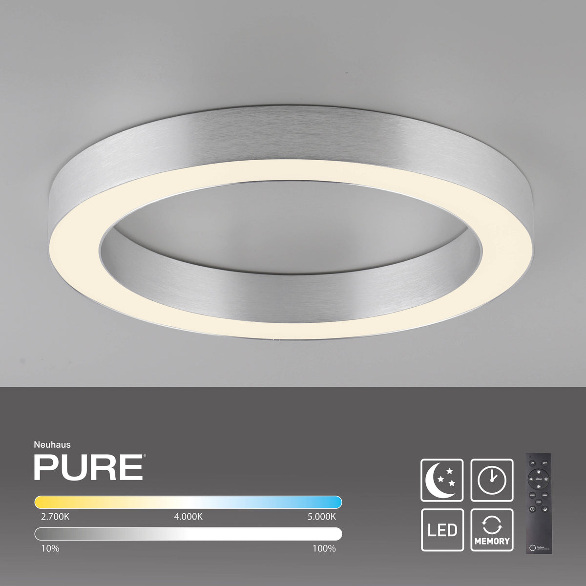 Luminaire fixé au plafond, accompagné de la télécommande et des réglages de couleur