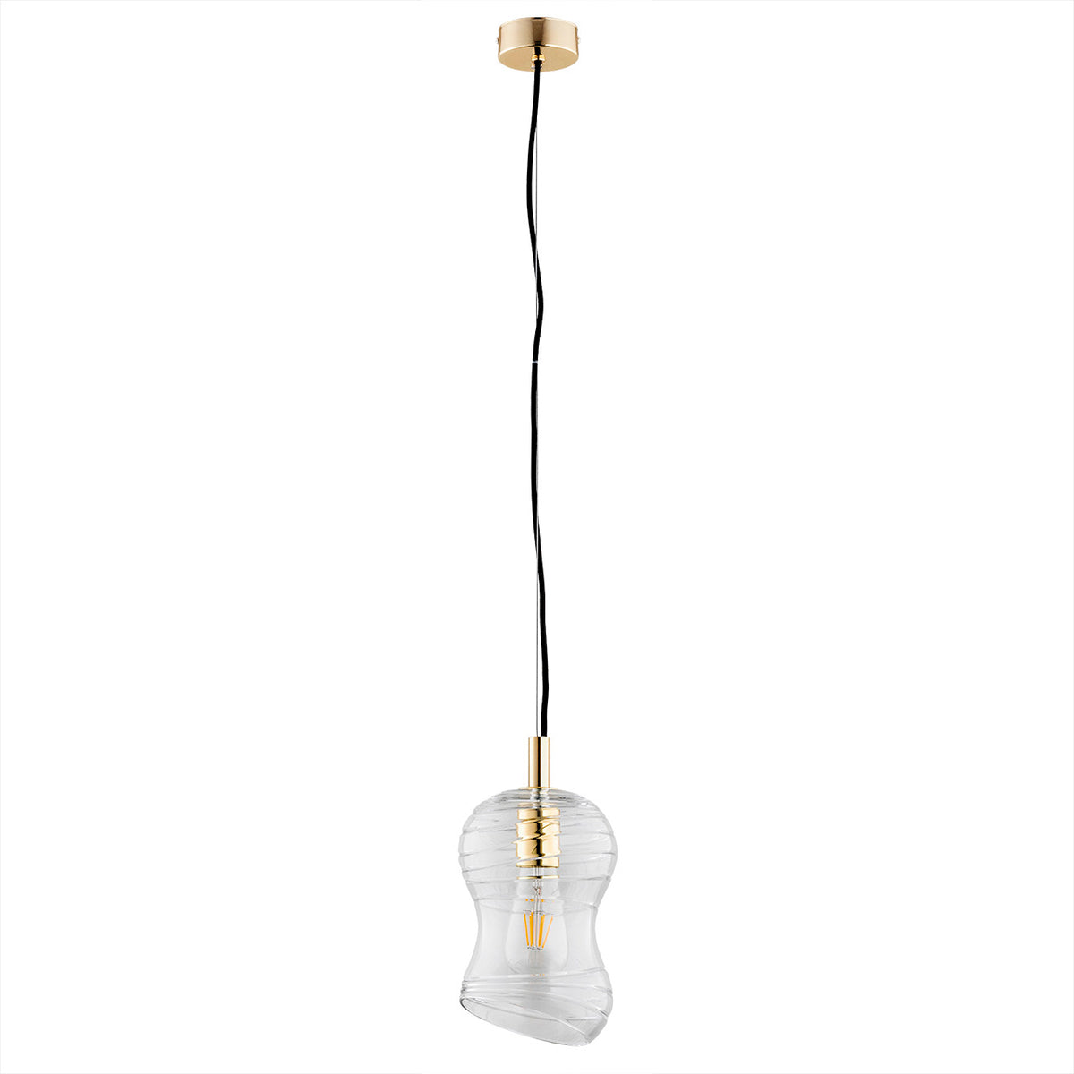 Second plan large du luminaire suspendu, verre transparent et détails dorés