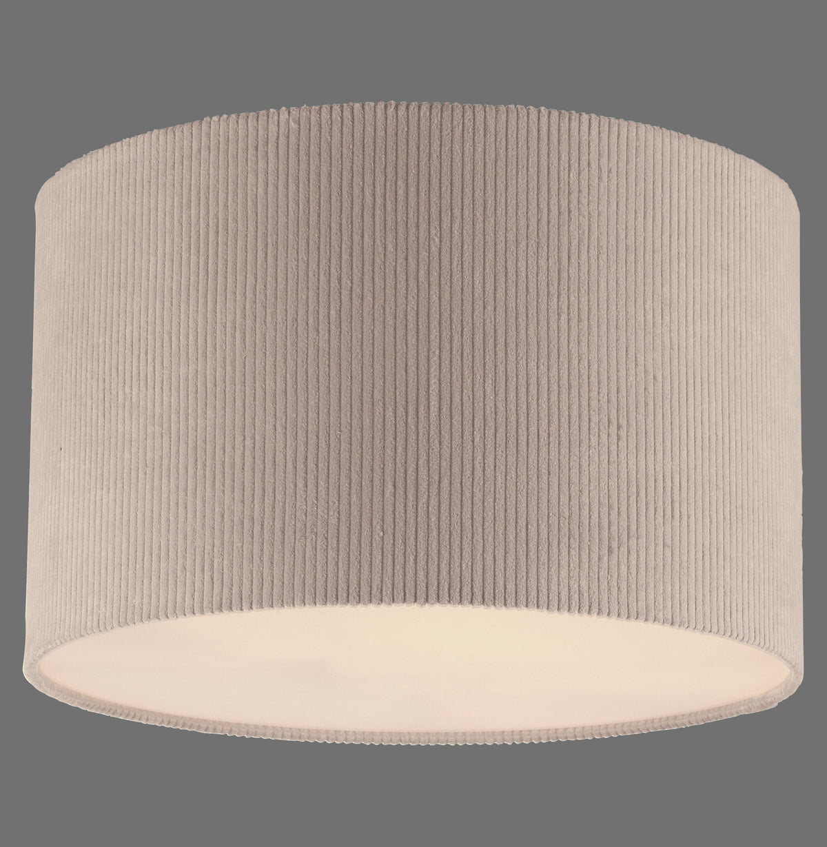 Plafonnier cylindrique beige en cordon côtelé vu de face sur fond gris