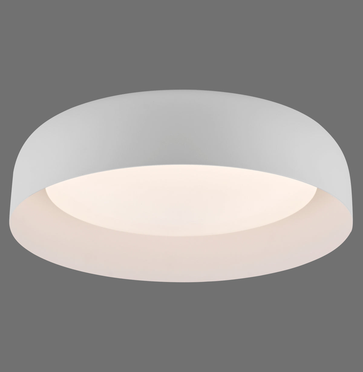 Plafonnier rond blanc vu de face sur fond gris neutre
