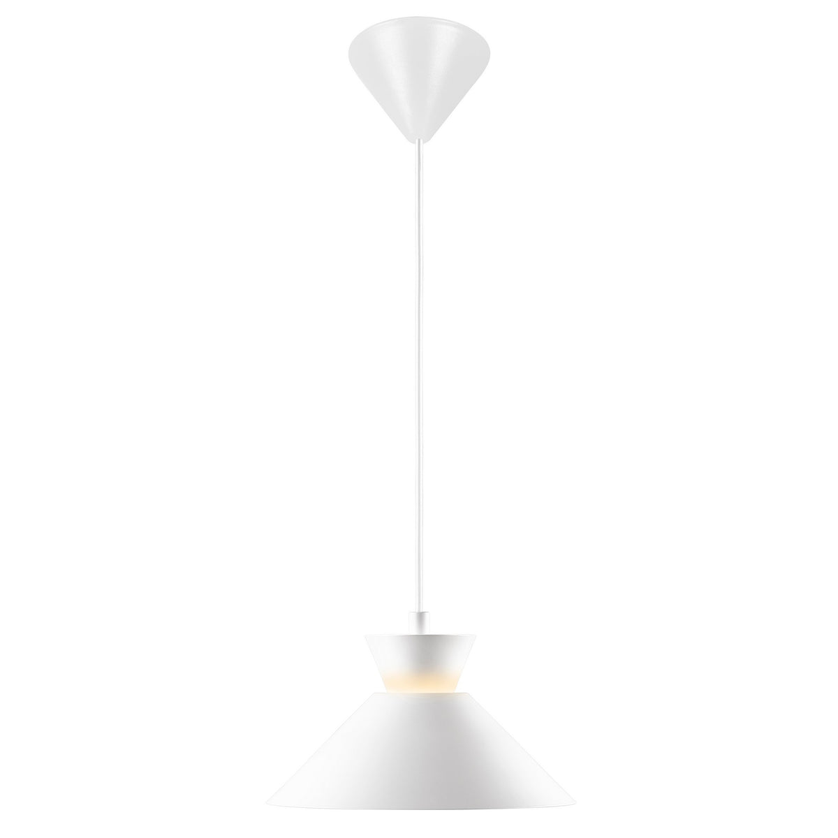 Vue rapprochée du modèle blanc montrant la lumière chaude sous le cône.