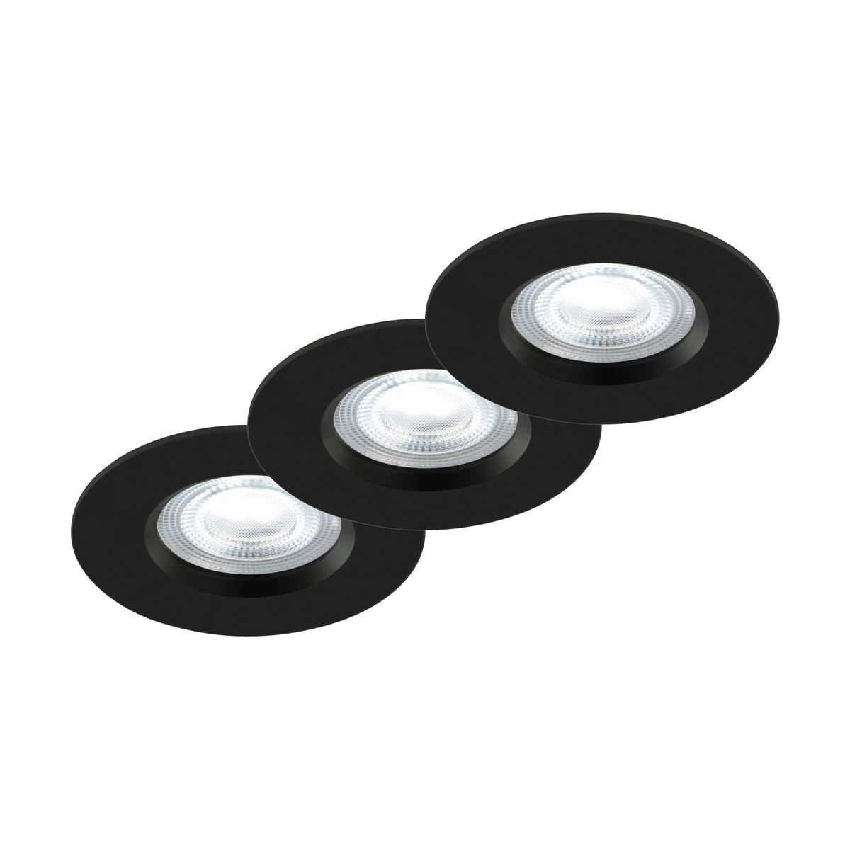 Trois spots encastrables LED noirs ronds présentés en diagonale sur fond blanc