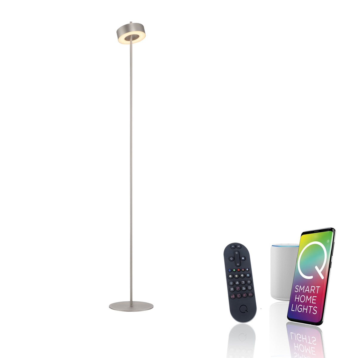 Lampadaire Q-Rotate avec télécommande, enceinte connectée et smartphone sur fond blanc.