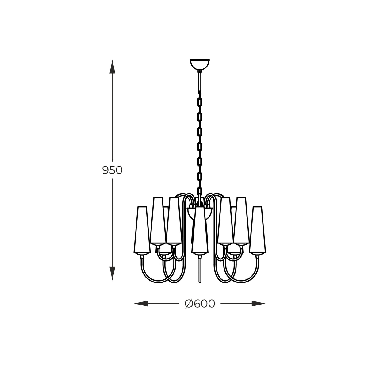 Schéma de dimensions indiquant une hauteur de 950 mm et un diamètre de 600