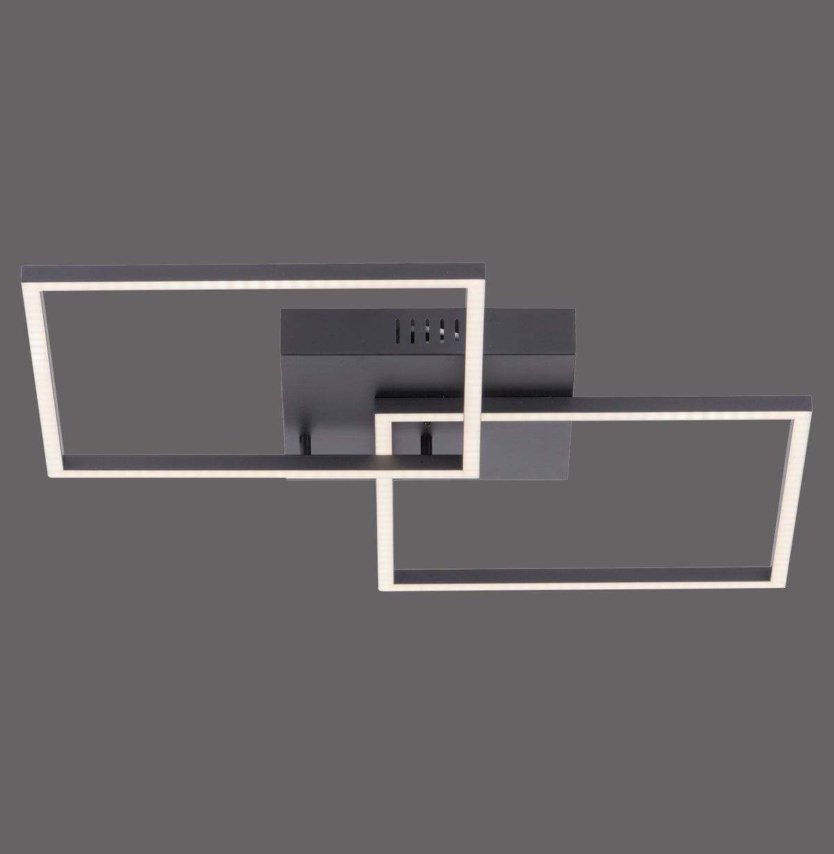 Plafonnier LED noir aux cadres rectangulaires croisés vu de face sur fond gris