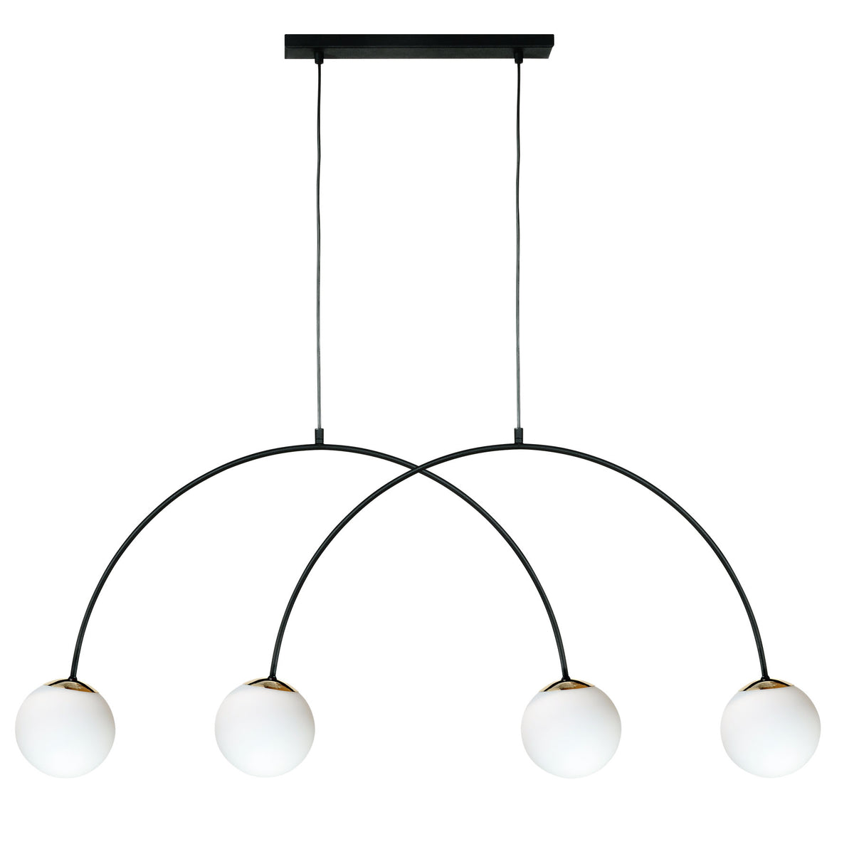 Vue de face de la suspension noire à deux arcs croisés et quatre globes en verre.