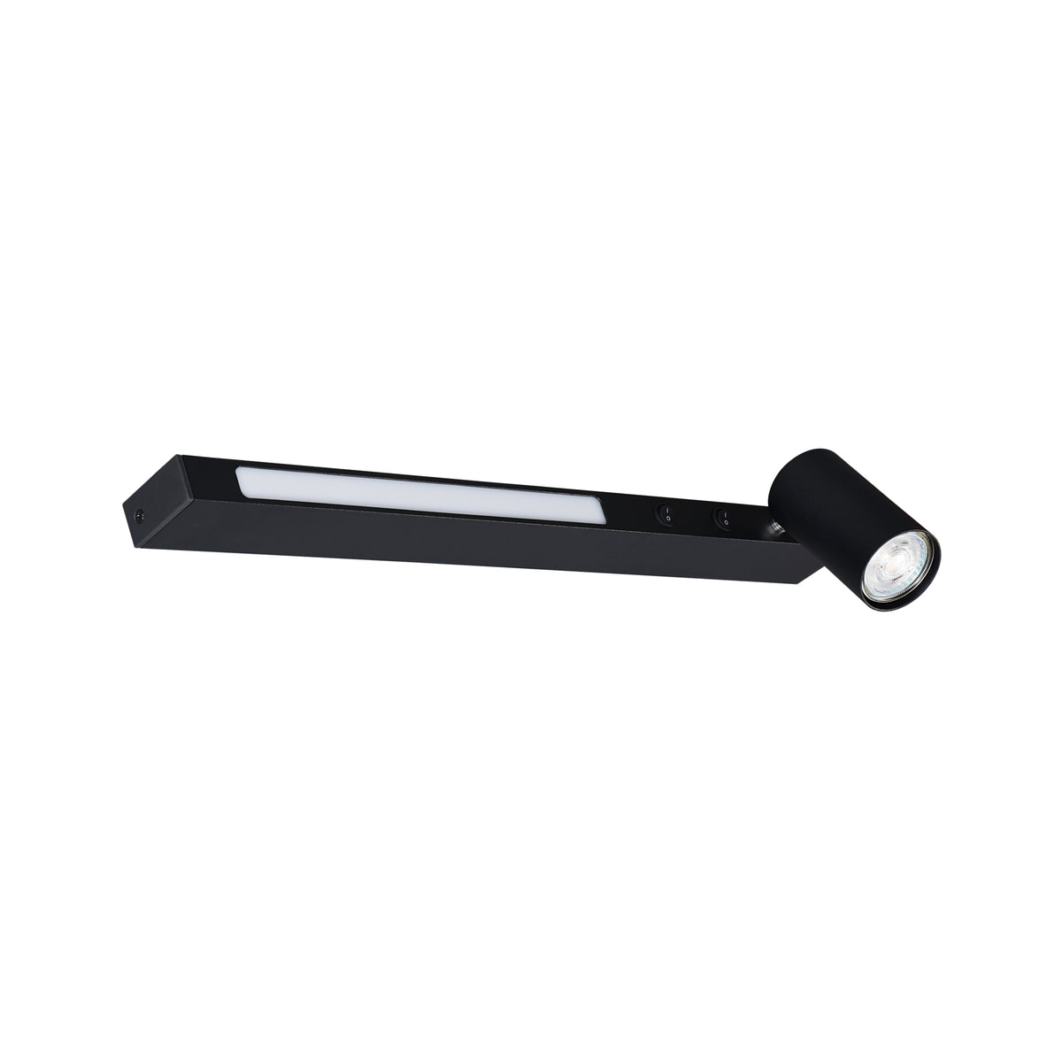 Vue trois quarts d'une applique murale noire avec bandeau LED et spot orientable.