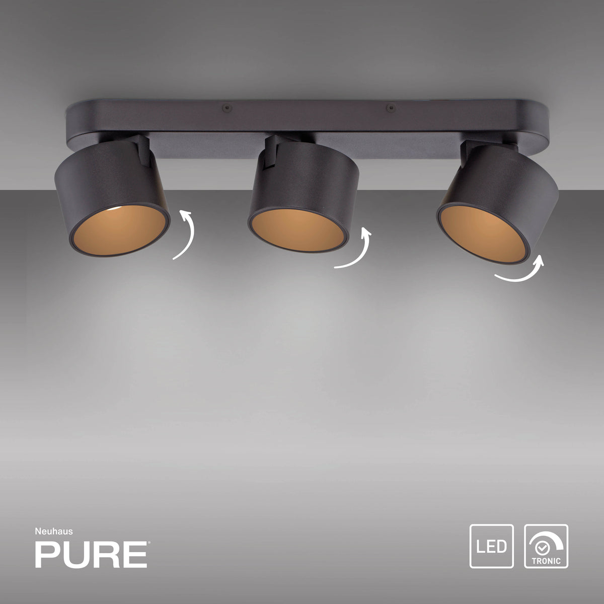 Vue de plafond avec flèches indiquant la rotation des spots et icônes de compatibilité LED.
