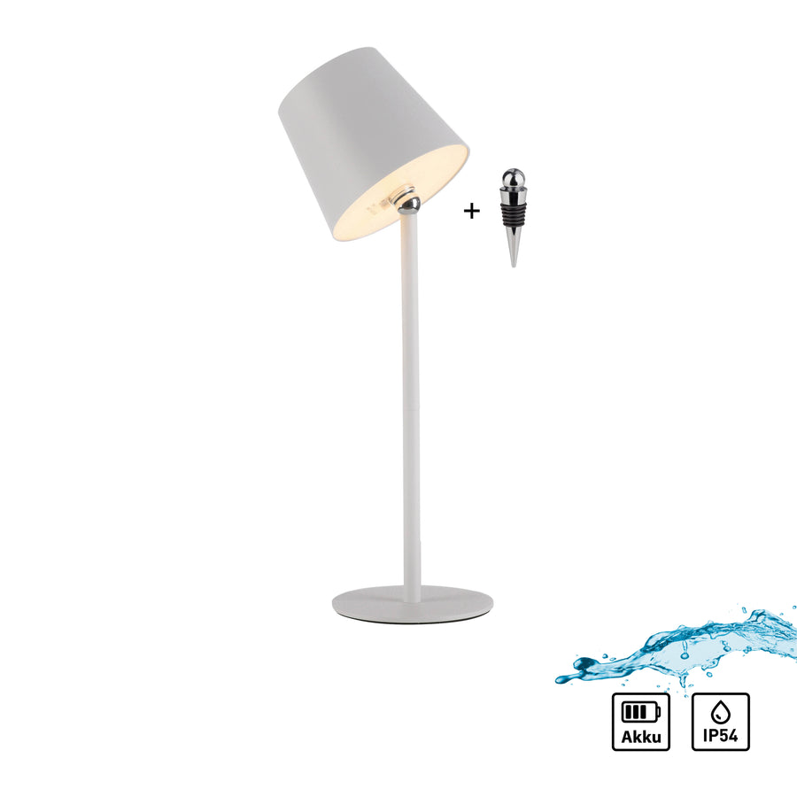 Vue du produit blanc avec pictogrammes batterie et IP54, éclaboussures d'eau.