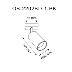 Schéma coté du luminaire : base 55 mm, longueur 100 mm, diamètre 60 mm.