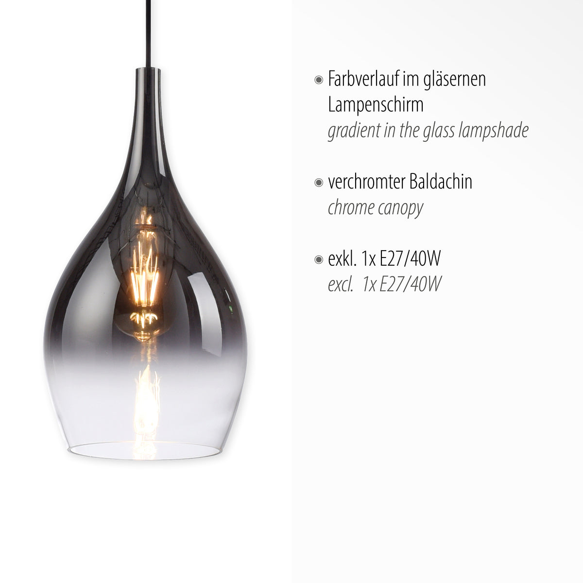 Détail produit légendé : dégradé du verre et baldaquin chromé visible