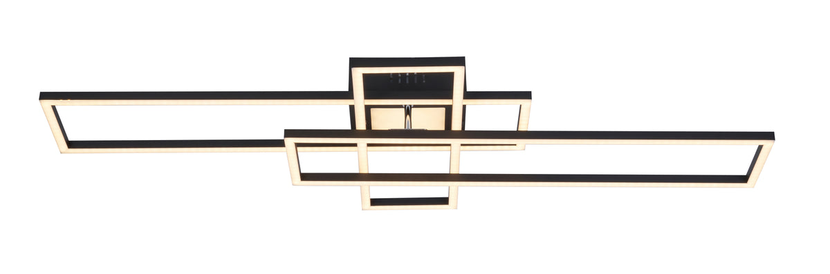 Plafonnier noir vu de face, rectangles lumineux superposés sur fond blanc