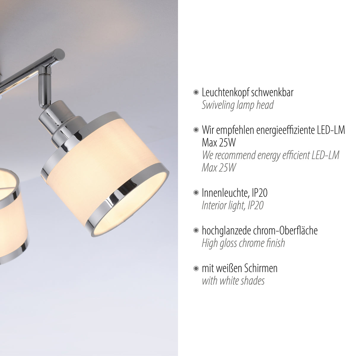 Détail d'une tête orientable en tissu et chrome, texte technique à droite