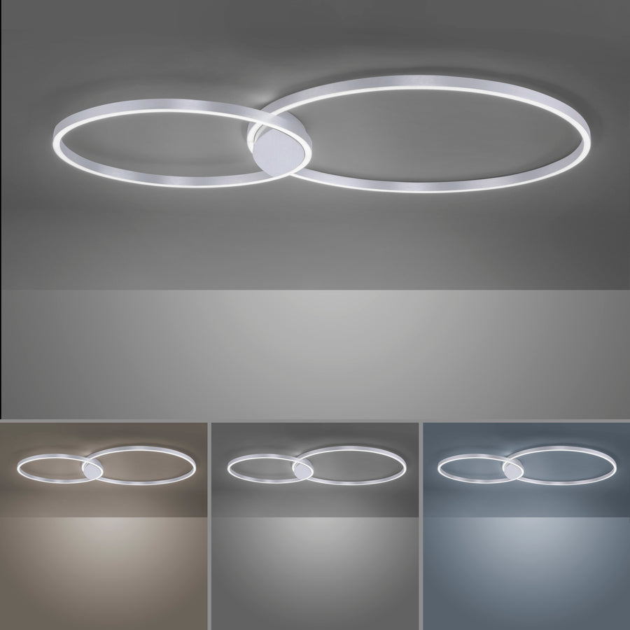 Plafonnier double anneau présenté en trois températures de couleur : blanc chaud, neutre et froid.