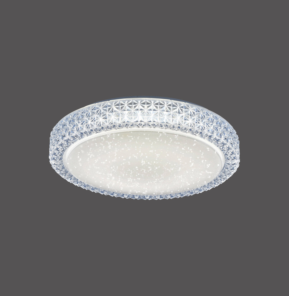 Plafonnier rond transparent présenté de face sur fond gris anthracite