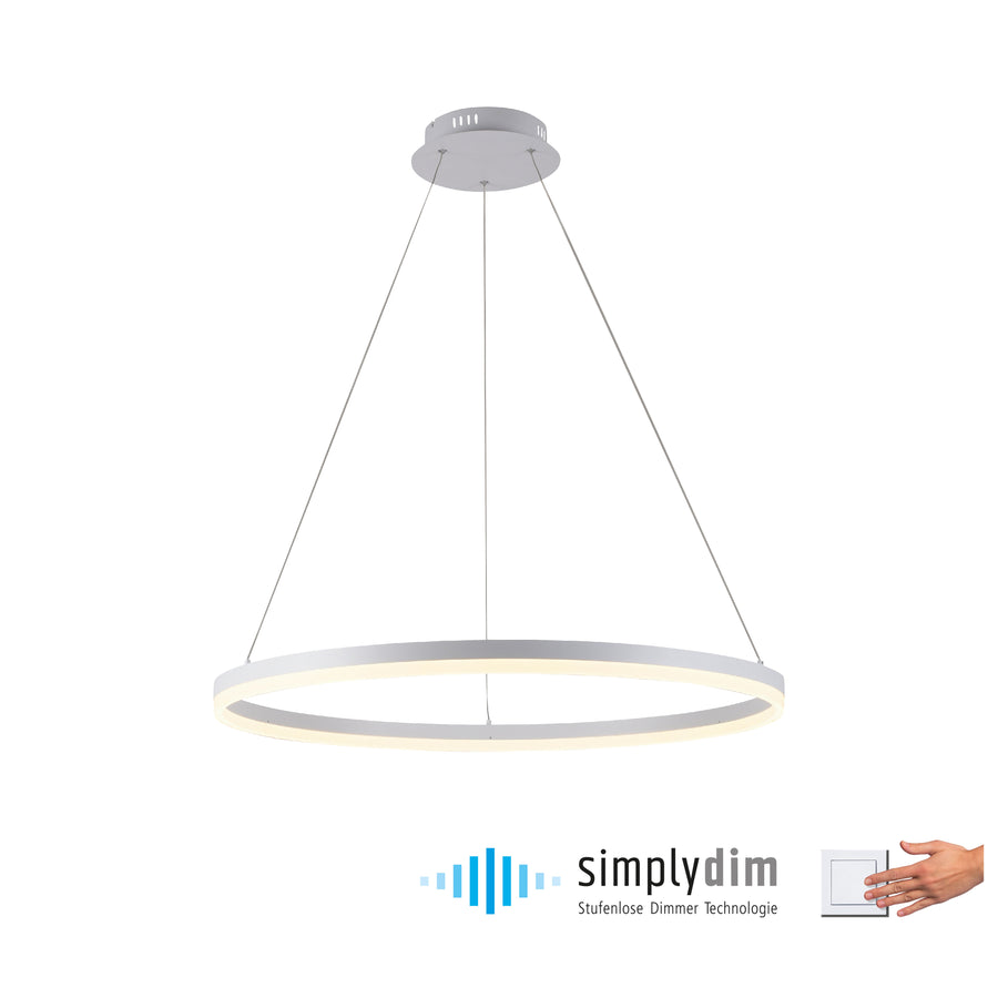 Suspension anneau blanc avec variateur simplydim, main actionnant un interrupteur mural.