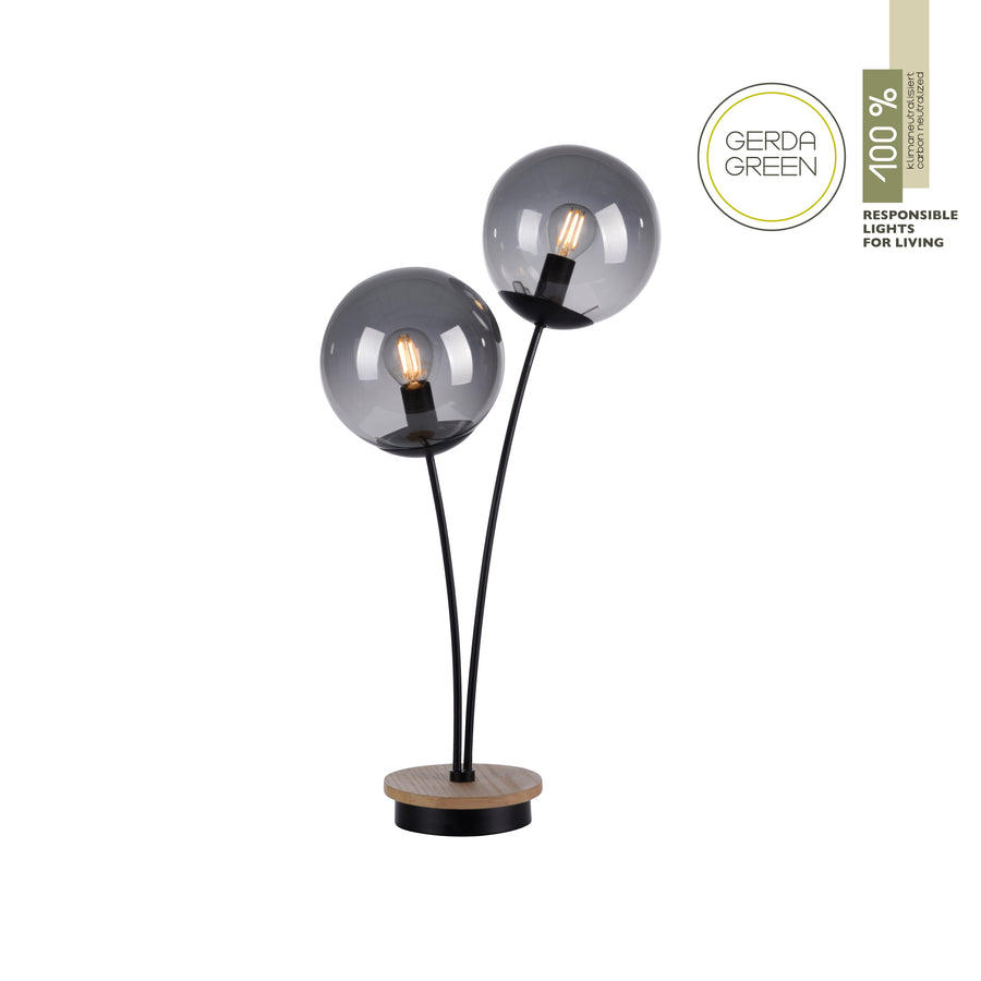 Vue de face de la lampe avec deux globes fumés et étiquette écoresponsable visible à droite