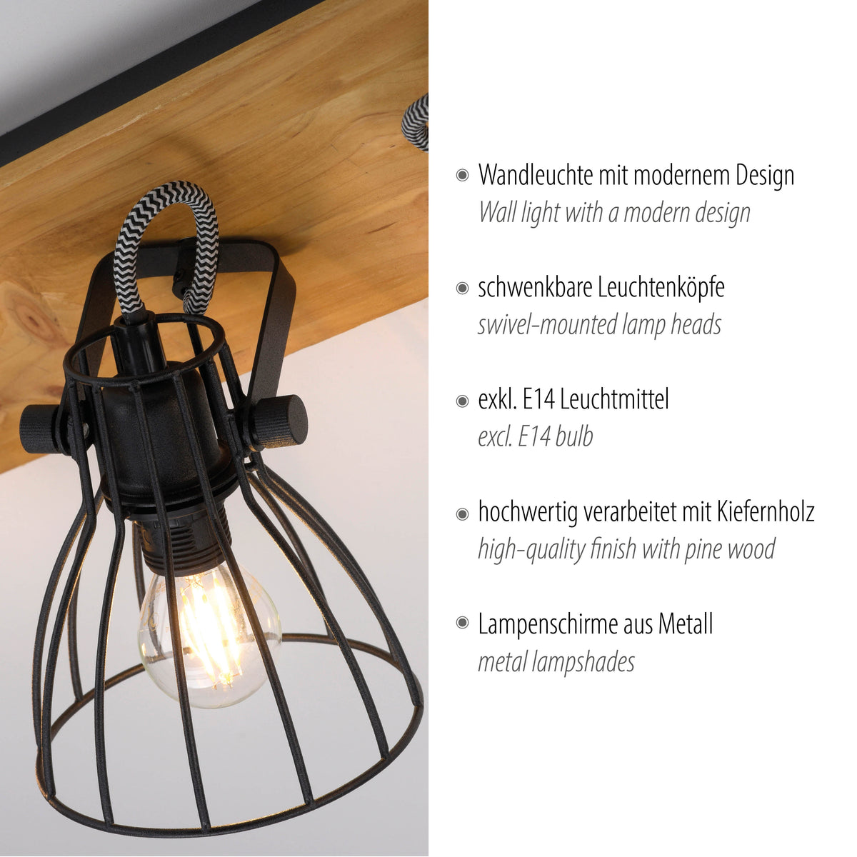 Gros plan sur une tête orientable, douille E14 et finition bois et métal.
