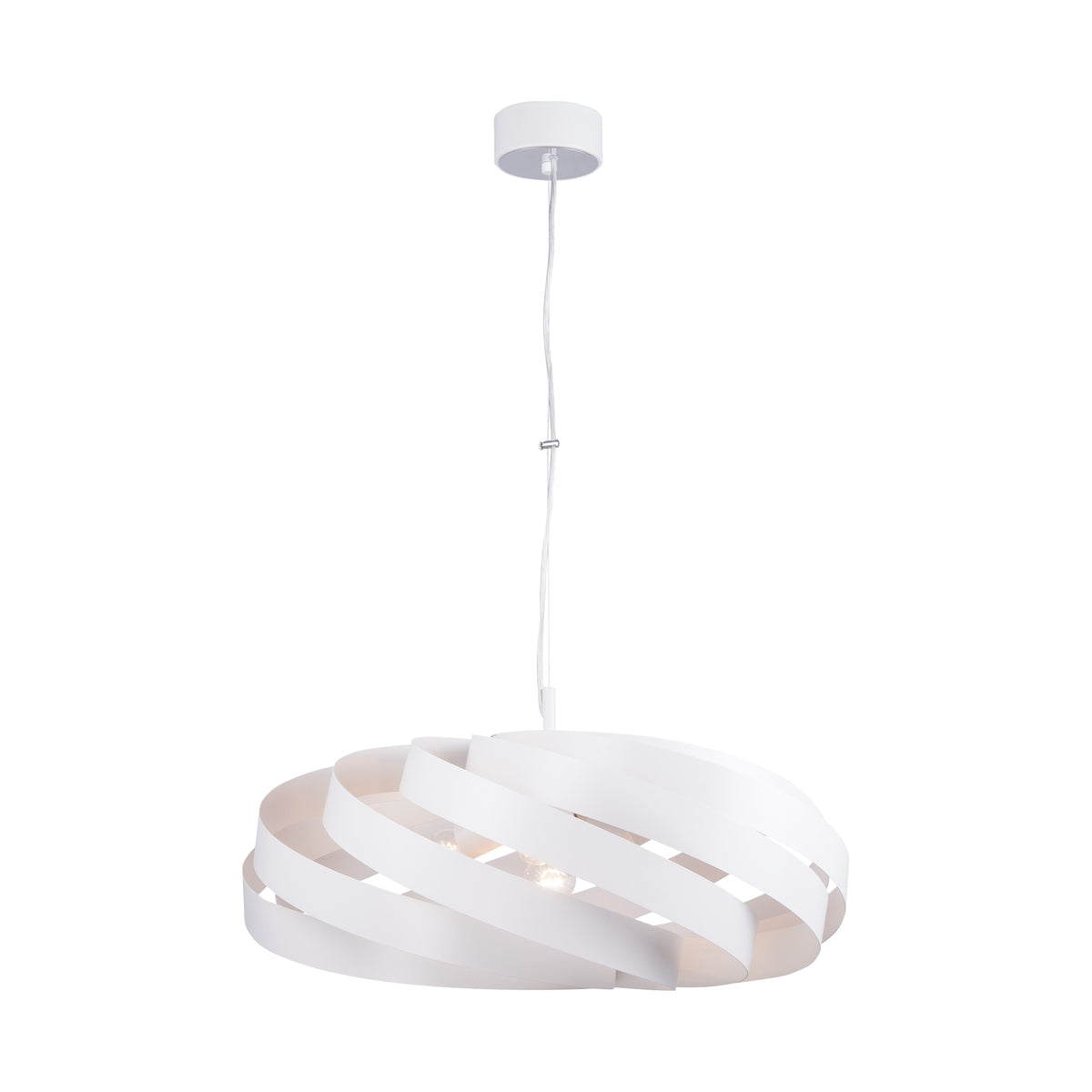 Suspension blanche de face, abat-jour en ruban spiralé, câble et rosace plafond
