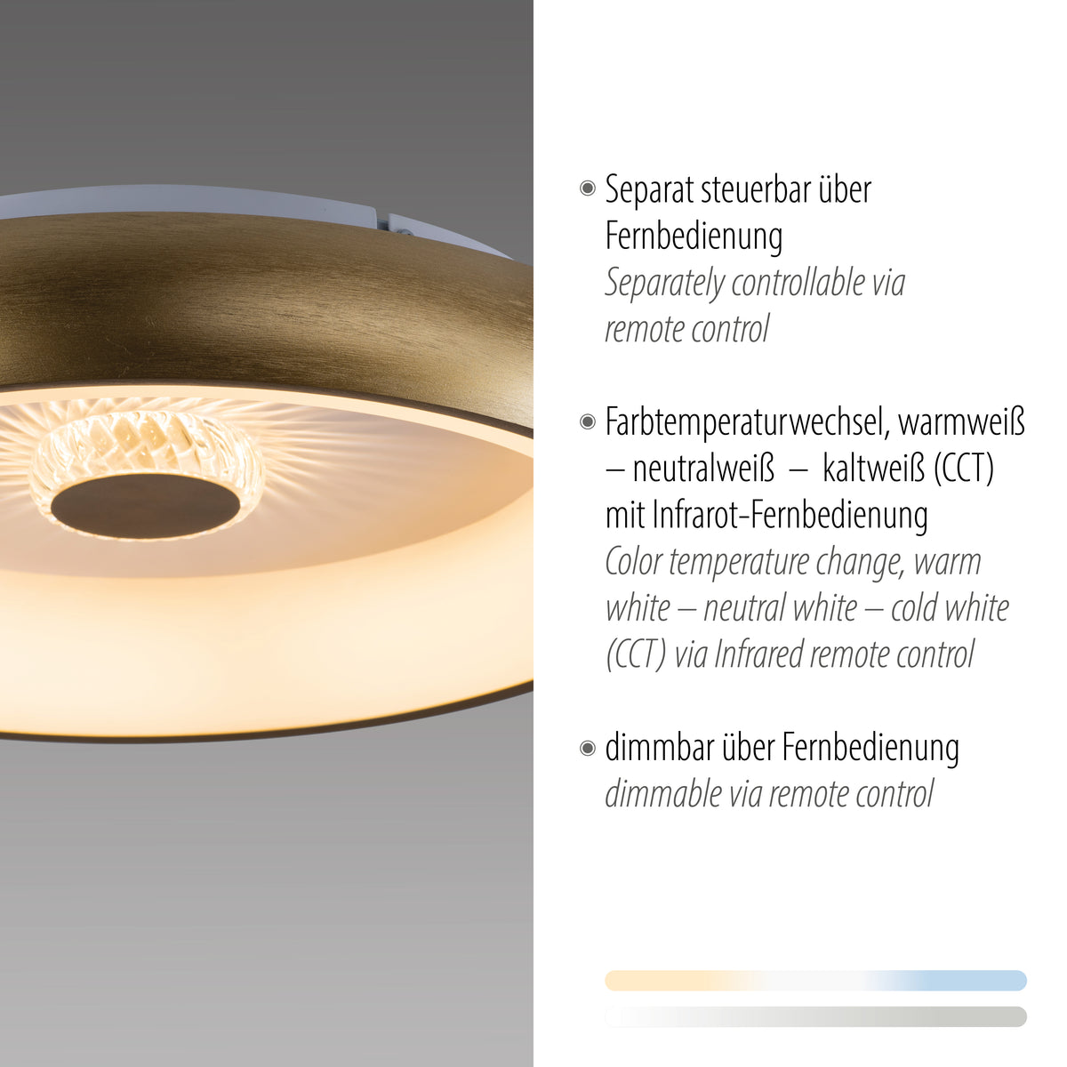 Détail de la finition laiton et du verre central avec texte sur télécommande.