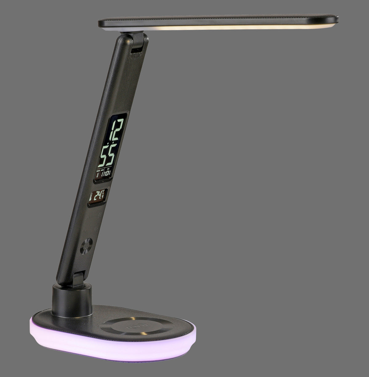 Lampe de bureau noire de trois quarts sur fond gris, tête plate allongée et socle ovale.
