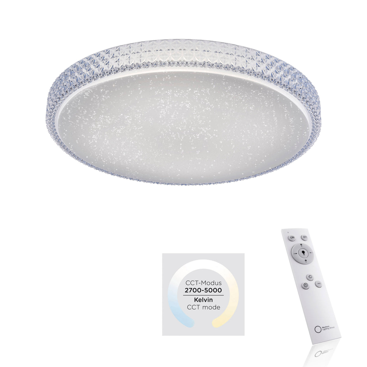 Plafonnier présenté avec sa télécommande et le schéma de température de couleur 2700-5000K