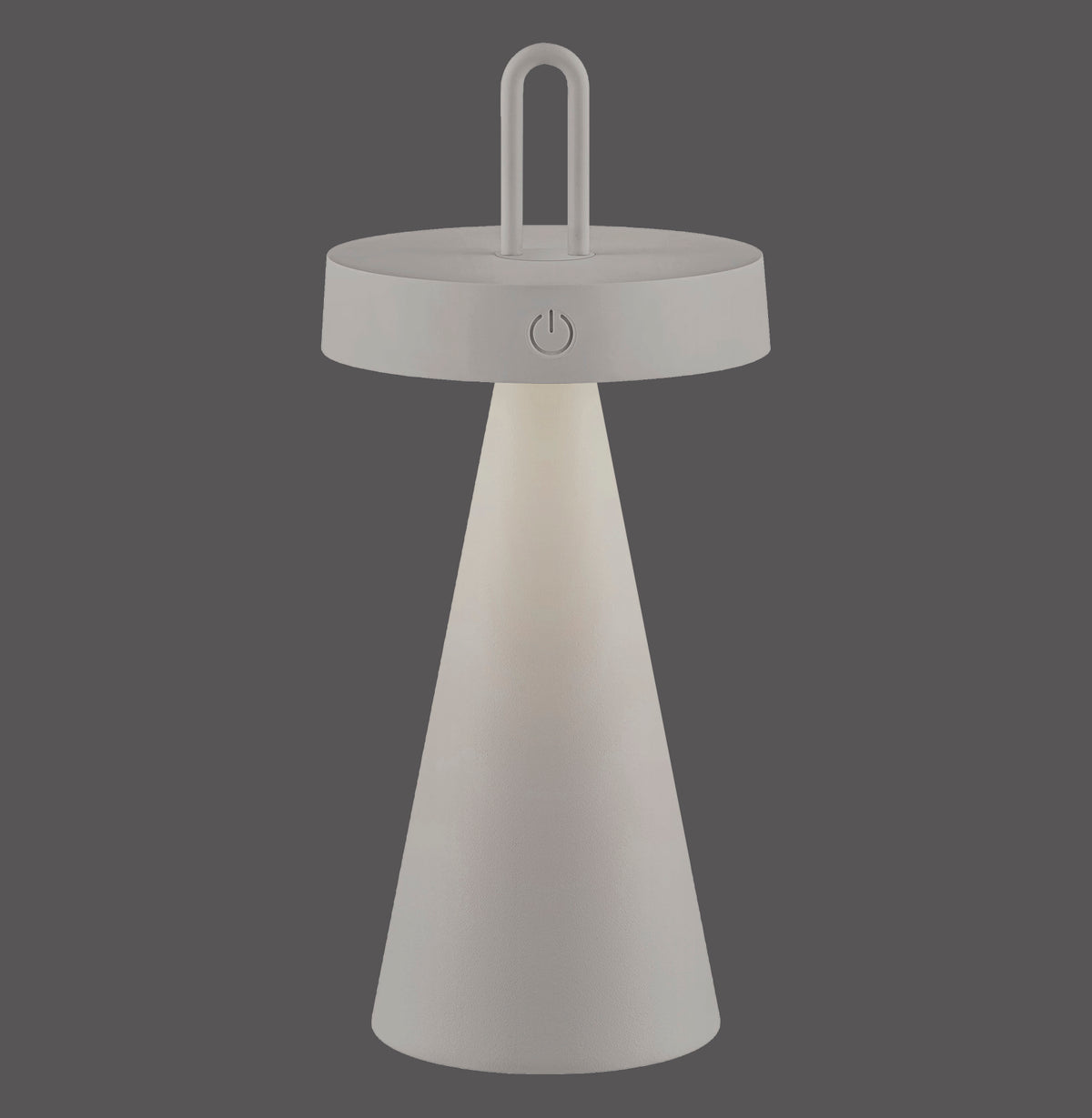 Lampe grise de face sur fond gris, anse et bouton tactile visibles.