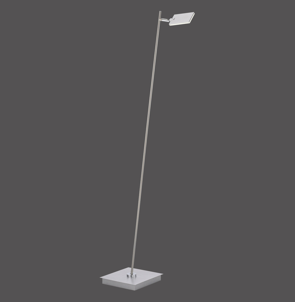 Lampadaire sur fond gris anthracite, vue entière inclinée avec socle carré et tête rectangulaire.