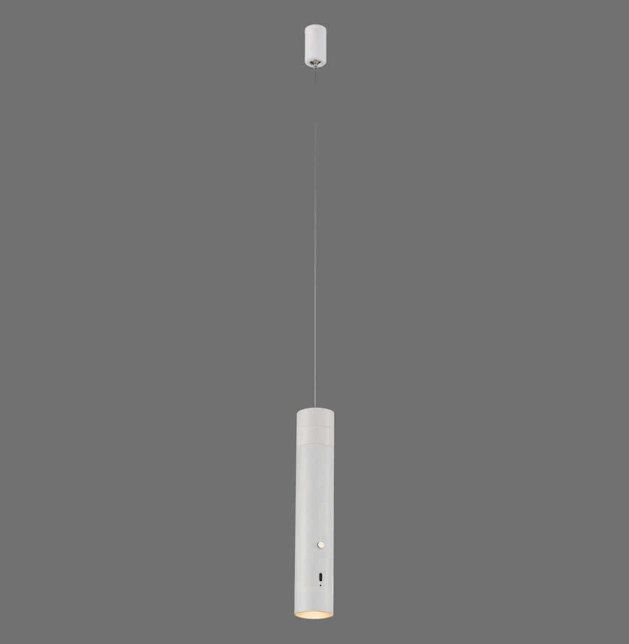 Vue de face de la suspension blanche allumée avec câble et fixation plafond.