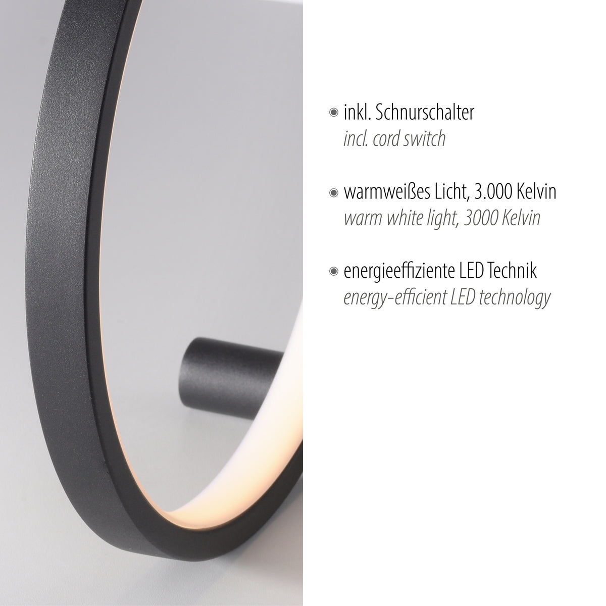Détail de la finition et du bandeau LED, avec mention interrupteur et lumière chaude.