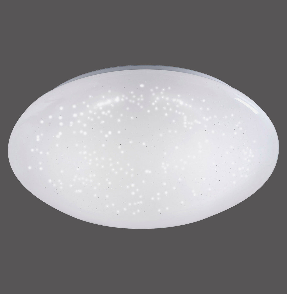 Vue de face du plafonnier blanc ovale sur fond gris, effet étoilé