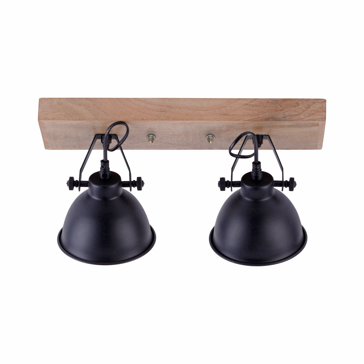 Vue frontale du luminaire à deux abat-jours noirs et support en bois clair.