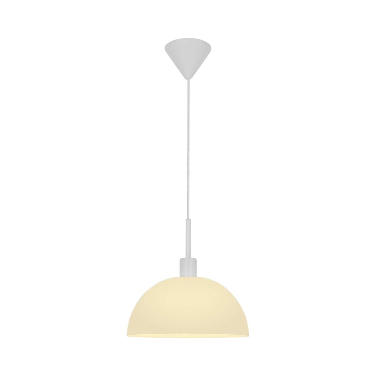 Vue de face du luminaire, abat-jour hémisphérique et câble blanc fin