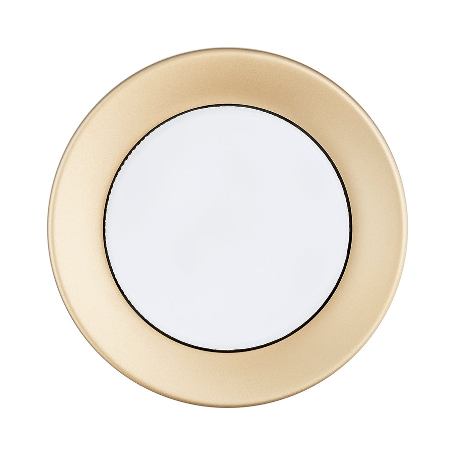 Vue du dessous du plafonnier doré, cercle lumineux blanc au centre