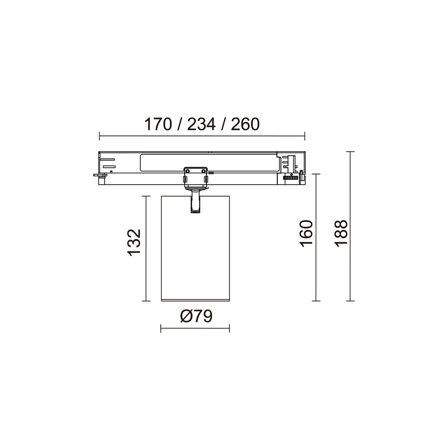 Schéma technique coté du spot sur rail avec dimensions du corps et du support.